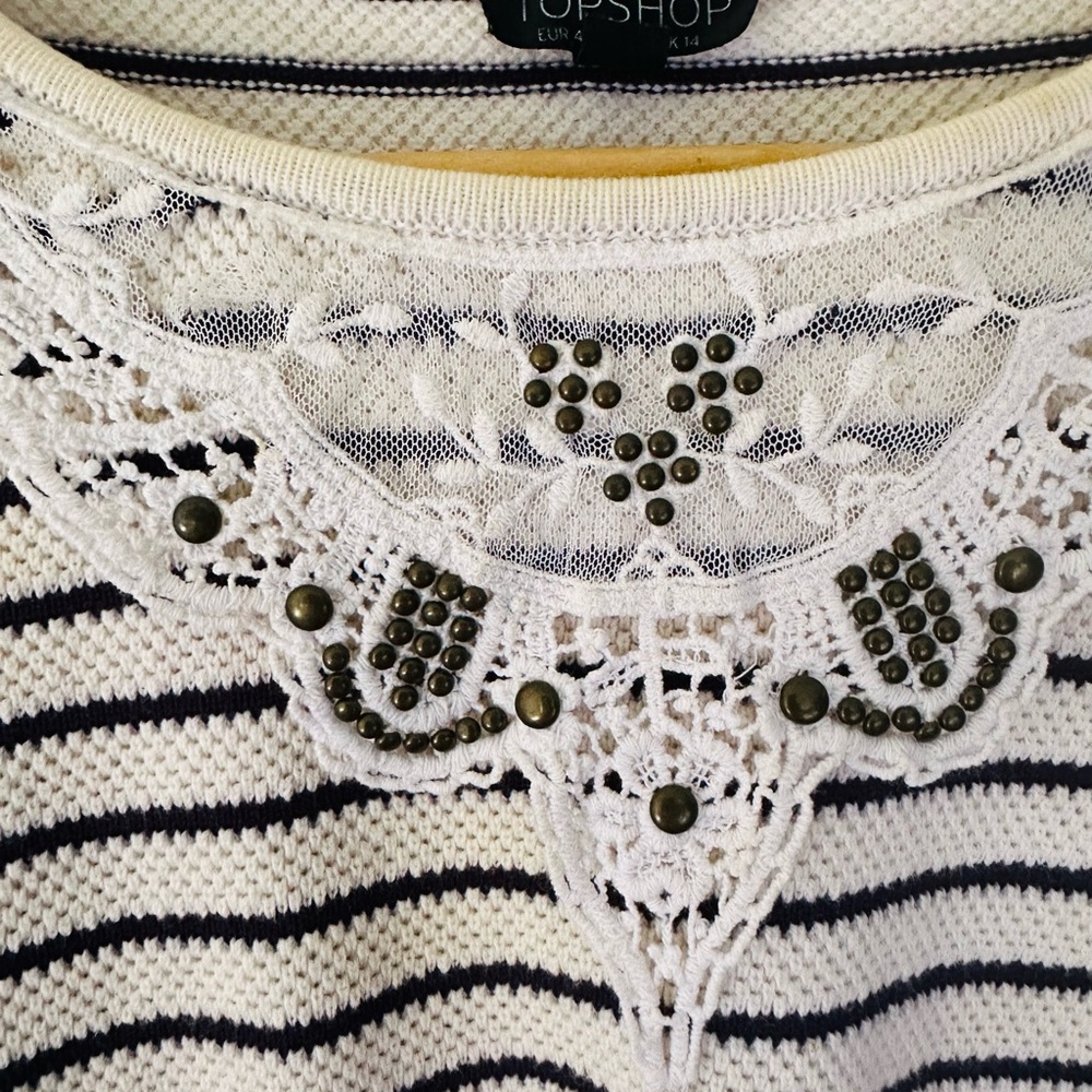 Topshop Lace Collar Striped Knit Sweater Size 10 Cream Navy Studded Crochet - Picture 2 of 6